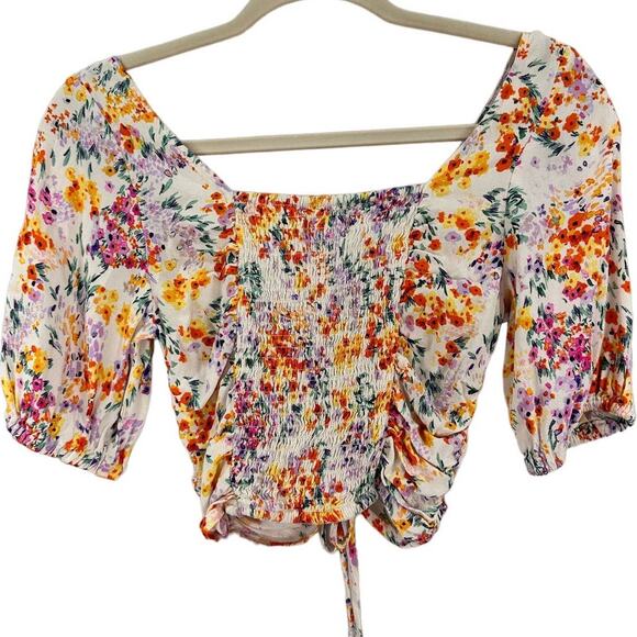 H&M Linen Blend Floral Puff Sleeve Crop Top and Shorts Set Size XS - Picture 6 of 13